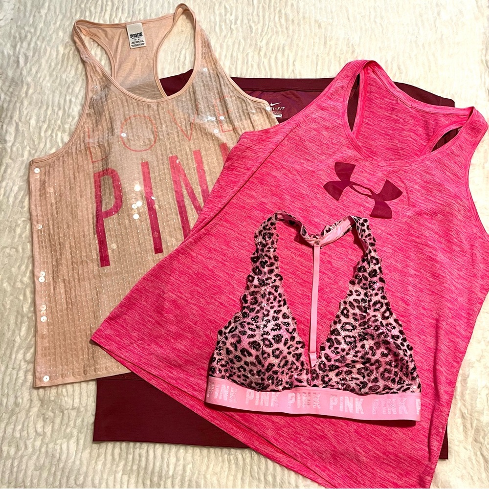 PINK Victoria Secret Athletic Bundle 3 Pink Tops, 1 Bralette M, L, XL
